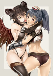  2girls armor artist_self-insert ass belt black_gloves black_legwear blue_hair blush breastplate breasts brown_eyes brown_panties buckle commentary_request covered_nipples dark_souls_(series) dark_souls_i demon_girl elbow_gloves gauntlets gloves hand_on_another&#039;s_head highres horns hug large_breasts leg_between_thighs licking licking_another&#039;s_cheek licking_another&#039;s_face long_hair medium_breasts multiple_girls navel old-one open_mouth panties pointy_ears ponytail simple_background smile thighhighs tongue tongue_out underwear wings yellow_eyes yuri 