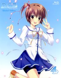  :d bike_shorts blu-ray_cover blu-ray_logo brown_hair cherry_blossoms copyright_name cover da_capo da_capo_iii female highres hinomoto_aoi open_mouth school_uniform serafuku side_ponytail skirt smile takano_yuki_(allegro_mistic) yellow_eyes 