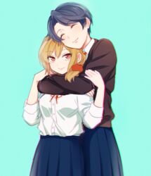  2girls bad_id bad_twitter_id blonde_hair blue_hair closed_eyes gekkan_shoujo_nozaki-kun height_difference hug hug_from_behind kashima_yuu lowres mery_(yangmalgage) multiple_girls pleated_skirt red_eyes seo_yuzuki short_hair side_ponytail simple_background skirt smile 