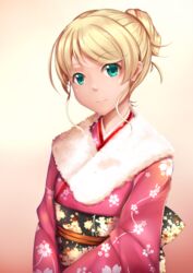  alternate_hairstyle aqua_eyes beige_background blonde_hair cherry_blossoms chiyo_goya closed_mouth commentary ellen_baker english_commentary eyebrows female floral_print fur_collar furisode gradient_background highres japanese_clothes kimono long_hair long_sleeves looking_at_viewer new_horizon obi ponytail revision sash smile solo upper_body 