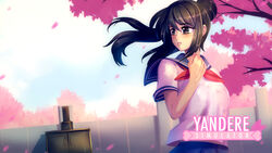  ayano_aishi bakki black_hair brown_eyes commentary copyright_name english_commentary female highres incinerator knife lips parted_lips photoshop_(medium) ponytail school_uniform serafuku skirt solo_focus tree yandere_simulator 