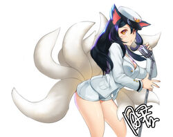  ahri_(league_of_legends) alternate_costume animal_ears backlighting black_hair blush breasts buttons cleavage commentary_request cosplay cowboy_shot dakun eyeshadow facial_mark female fox_ears fox_tail from_side generation_ahri girls&#039;_generation hair_between_eyes hat holding large_breasts league_of_legends leaning_forward long_hair long_sleeves looking_at_viewer makeup microphone microphone_stand military military_uniform multiple_tails naval_uniform orange_eyes parted_lips peaked_cap photoshop_(medium) pocket short_shorts shorts signature simple_background solo tail uniform very_long_hair whisker_markings white_background white_shorts 