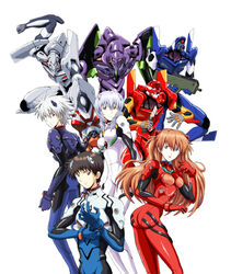  2boys 2girls albino alternate_hair_length alternate_hairstyle amai_yadoraki ass ayanami_rei blue_bodysuit blue_eyes bodysuit breasts brown_hair commentary_request eva_00 eva_01 eva_02 eva_04 evangelion_(mecha) extra_eyes floating_hair glowing glowing_eyes grey_hair gun hair_between_eyes headgear highres holding holding_gun holding_knife holding_weapon horns ikari_shinji interface_headset knife long_hair looking_at_viewer mecha medium_breasts multicolored_bodysuit multicolored_clothes multiple_boys multiple_girls nagisa_kaworu neon_genesis_evangelion one-eyed pale_skin pallet_rifle_(evangelion) pilot_suit plugsuit purple_bodysuit red_bodysuit red_eyes robot science_fiction shiny_clothes simple_background single_horn souryuu_asuka_langley two-tone_bodysuit very_long_hair weapon white_background white_bodysuit yellow_eyes 