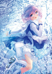  :d amo_(shibu3) apron ass back_bow backlighting bare_tree bloomers blue_bow blue_eyes blue_skirt blue_vest blush boots bow bright_pupils cameltoe cape commentary_request curly_hair day feet_out_of_frame female from_behind hair_between_eyes hat head_tilt highres juliet_sleeves knee_boots lace lace-trimmed_apron lace_trim leg_up letty_whiterock long_sleeves looking_at_viewer looking_back medium_hair open_mouth outdoors petticoat pom_pom_(clothes) puffy_sleeves purple_hair see-through shirt shoe_soles skirt skirt_set smile snow snowman_print solo sparkle touhou tree underwear vest waist_apron white_bloomers white_footwear white_hat white_shirt winter 