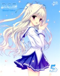  :d blu-ray_cover blu-ray_logo blue_background blush brown_hair cherry_blossoms copyright_name cover cowboy_shot da_capo da_capo_iii female gradient_background hair_intakes hair_ribbon highres long_sleeves looking_at_viewer open_mouth purple_eyes ribbon scan school_uniform simple_background sleeve_cuffs smile standing tanihara_natsuki yoshino_charles 