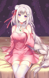  alternate_costume althea_(sakiya0000) blunt_bangs blush braid braided_ponytail butterfly_hair_ornament closed_mouth commentary_request dress emilia_(re:zero) eyebrows female flower garter_straps gem glowing grey_hair hair_flower hair_ornament hair_ribbon hand_on_own_chest head_tilt highres indoors jewelry lace light_particles long_hair long_sleeves looking_at_viewer md5_mismatch on_bed photoshop_(medium) pink_dress purple_eyes re:zero_kara_hajimeru_isekai_seikatsu red_ribbon revision ribbon single_braid sitting smile snowflakes solo thighhighs very_long_hair white_hair white_thighhighs wide_sleeves x_hair_ornament 