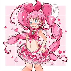  ao_yasai artist_name blue_eyes blush brooch character_name choker commentary_request cure_melody earrings female frilled_skirt frills hair_ribbon heart heart_earrings highres houjou_hibiki jewelry magical_girl midriff navel open_mouth panties pink_hair pink_panties pink_ribbon pink_skirt precure ribbon skirt solo speech_bubble standing suite_precure translated twintails underwear wavy_mouth 