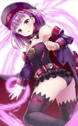  ass bare_shoulders beret black_thighhighs blush bow bowtie commentary_request detached_sleeves fate/grand_order fate_(series) female hat helena_blavatsky_(fate) helena_blavatsky_(third_ascension)_(fate) looking_at_viewer open_mouth panties purple_eyes purple_hair revision shimo_(shimo_00) short_hair solo strapless thighhighs underwear white_bow 