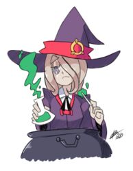  bad_id bad_tumblr_id beaker bigdead brown_hair cauldron cloak eyeshadow female hair_over_one_eye half-closed_eyes hat highres little_witch_academia long_hair makeup potion purple_eyes solo sucy_manbavaran thick_eyebrows wand witch witch_hat 