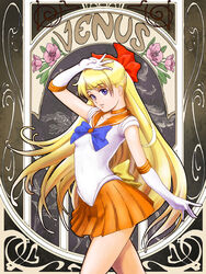  101_(lo10) aino_minako art_nouveau back_bow bishoujo_senshi_sailor_moon blonde_hair blue_eyes bow choker commentary_request elbow_gloves female flower gloves hairbow half_updo highres long_hair magical_girl orange_choker orange_sailor_collar orange_skirt red_bow ribbon sailor_collar sailor_senshi_uniform sailor_venus skirt smile solo tiara white_gloves 