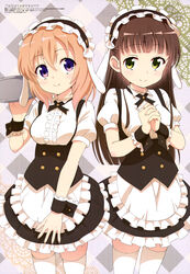  2girls absurdres alternate_costume animal_ears apron black_hairband black_skirt brown_hair center_frills fake_animal_ears fleur_de_lapin_uniform framed_breasts frilled_apron frilled_hairband frilled_shirt frills gochuumon_wa_usagi_desu_ka? green_eyes hairband highres hoto_cocoa japanese_clothes lolita_hairband long_hair maid matching_outfits megami_magazine miniskirt multiple_girls mutou_nobuhiro official_art orange_hair own_hands_clasped own_hands_together puffy_short_sleeves puffy_sleeves purple_eyes rabbit_ears shirt short_hair short_sleeves skirt thighhighs tray ujimatsu_chiya underbust waist_apron white_apron white_legwear white_shirt 