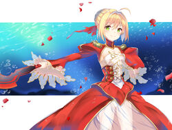  aestus_estus ahoge blonde_hair blush braid breasts chinese_commentary closed_mouth commentary dress epaulettes fate/extra fate_(series) female green_eyes hair_between_eyes hair_bun hair_ribbon holding holding_sword holding_weapon juliet_sleeves large_breasts long_sleeves looking_at_viewer nero_claudius_(fate) nero_claudius_(fate/extra) outstretched_arm petals puffy_sleeves red_dress red_ribbon ribbon see-through sidelocks single_hair_bun smile solo sword toki_(yoyobozi) weapon wide_sleeves 