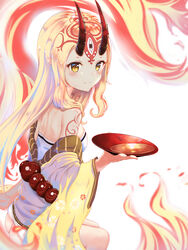  bare_shoulders blonde_hair blush breasts chinese_commentary closed_mouth commentary cup facial_mark fate/grand_order fate_(series) female forehead_mark horns ibaraki_douji_(fate) japanese_clothes kimono long_hair looking_at_viewer looking_to_the_side off_shoulder oni oni_horns sakazuki sitting small_breasts smile solo toki_(yoyobozi) very_long_hair yellow_kimono 