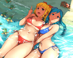  2girls arakure beach bikini blonde_hair blue_eyes blue_hair breasts brown_hair commentary_request crab day drill_hair groin hair_ribbon large_breasts long_hair lying marin_(umi_monogatari) mole multiple_girls navel ocean on_back outdoors partially_submerged pointing ponytail ribbon sea_turtle side-tie_bikini_bottom swimsuit turtle umi_monogatari underboob warin water wet 