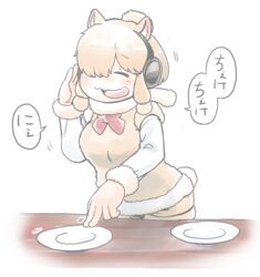  :d =_= alpaca_ears alpaca_suri_(kemono_friends) alpaca_tail animal_ears blonde_hair bow bowtie closed_eyes commentary_request dj female fur_collar fur_trim hand_on_headphones hand_up hare_(tetterutei) headphones highres kemono_friends motion_lines open_mouth plate red_bow red_bowtie short_hair sidelocks simple_background smile solo speech_bubble standing tail vest white_background 