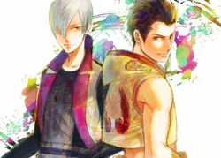  2boys bad_id bad_pixiv_id brown_eyes brown_hair ishida_mitsunari_(sengoku_basara) multiple_boys photoshop_(medium) purple_eyes ruondea sengoku_basara silver_hair tokugawa_ieyasu_(sengoku_basara) 