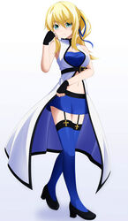  aqua_eyes bare_shoulders blonde_hair blue_bra bra breasts female fingerless_gloves genderswap_(mtf) gloves guilty_gear highres ky_kiske kyko long_hair m.u.g.e.n medium_breasts navel ribbon rule_63 