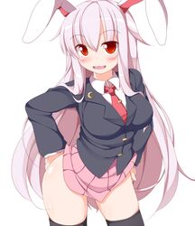  :3 animal_ears black_thighhighs blazer blush breasts clothes_lift collared_shirt commentary contrapposto cowboy_shot crescent female hands_on_own_hips jacket large_breasts lifting_own_clothes long_hair long_sleeves looking_at_viewer necktie nikku_(ra) no_panties open_mouth pink_skirt pleated_skirt purple_hair rabbit_ears red_eyes red_necktie reisen_udongein_inaba revision shirt simple_background skirt skirt_lift smile solo standing thighhighs thighs touhou very_long_hair white_background wing_collar 