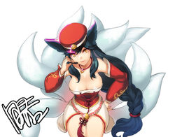  ahri_(league_of_legends) black_hair breasts cleavage commentary_request dakun female hat headset large_breasts league_of_legends long_hair low_neckline photoshop_(medium) simple_background solo very_long_hair white_background 