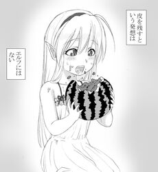  commentary_request dress eating elf female food food_on_face fruit grey_background greyscale hairband harahachibu_ajinosuke long_hair monochrome original pointy_ears simple_background solo translated watermelon 