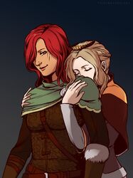  2girls aelinore_(dragon&#039;s_dogma) arisen_(dragon&#039;s_dogma) braid brown_hair cape capelet closed_eyes crown dragon&#039;s_dogma dragon&#039;s_dogma_(series) flauschtraut french_braid hair_over_one_eye hug hug_from_behind lips long_hair mini_crown multiple_girls nose red_hair scar smile tan yuri 