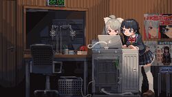  2girls animated animated black_hair blue_eyes blush bow bowtie chair clock commentary digital_clock grey_hair hair_ornament hairbow hairclip higuchi_kaede indoors laughing long_hair lowres macbook multiple_girls nijisanji otnweo pixel_art ponytail poster_(object) purple_eyes radio_booth school_uniform segment_display seven-segment_display tsukino_mito tsukino_mito_(1st_costume) virtual_youtuber washing_machine white_bow 