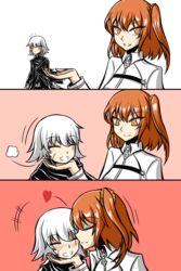  2girls bandage bandaged_arm bandages black_cloak blush chaldea_uniform cheek_kiss closed_eyes facial_scar fate/grand_order fate_(series) fujimaru_ritsuka_(female) green_eyes hair_ornament hair_scrunchie heart highres jack_the_ripper_(fate/apocrypha) jacket k-nashi kissing multiple_girls one_side_up orange_eyes orange_hair orange_scrunchie scar scar_across_eye scar_on_cheek scrunchie side_ponytail skirt white_hair white_jacket yellow_scrunchie 