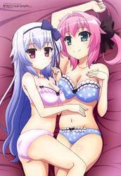  2girls :| absurdres arm_up armpits ass asymmetrical_docking bare_shoulders bed_sheet between_legs black_bow blue_bow blue_bra blue_hair blue_panties blue_ribbon blush bow bow_bra bow_panties bra breast_press breasts cleavage clenched_hand closed_mouth expressionless flat_ass frilled_bra frilled_panties frills from_above from_side green_eyes hair_intakes hair_ribbon hairband hairbow hand_on_another&#039;s_stomach hand_on_own_chest hand_up highres indoors kitamura_tomoyuki legs_together light_smile long_hair looking_at_viewer looking_back lying magazine_scan medium_breasts megami_magazine miyase_mihiro multiple_girls narumi_toa navel non-web_source official_art on_back on_bed on_side panties pink_hair polka_dot polka_dot_bra polka_dot_panties purple_bra purple_panties red_eyes ribbon scan shiny_skin short_hair short_twintails sidelocks silver_hair skindentation smile spread_legs stomach strapless strapless_bra twintails underwear underwear_only wagamama_high_spec yuri 