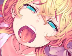  blonde_hair blue_eyes collarbone drooling eyebrows_visible_through_hair female female honzawa_yuuichirou open_mouth solo tears teeth tongue tongue_out 