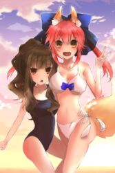  2girls animal_ears bikini breasts brown_eyes brown_hair cleavage commentary_request fate/extra fate_(series) fox_ears fox_tail hair_ribbon hand_on_own_hip highres kishinami_hakuno_(female) large_breasts long_hair multiple_girls navel oerba_yun_fang official_alternate_costume one-piece_swimsuit open_mouth pink_hair ribbon school_swimsuit swimsuit tail tamamo_(fate) tamamo_no_mae_(fate/extra) tamamo_no_mae_(sexy_bikini)_(fate) twintails u_(138y) v yellow_eyes 