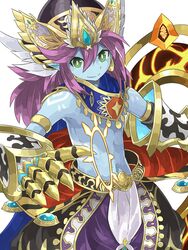  1boy blue_skin cape colored_skin commentary_request gauntlets green_eyes hat highres krishna_(p&amp;d) long_hair male_focus mosamune pointy_ears purple_hair puzzle_&amp;_dragons smile solo topless_male 