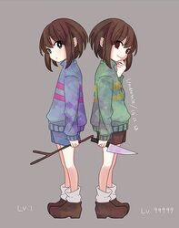  2others androgynous back-to-back black_eyes chara_(undertale) commentary_request copyright_name crazy_eyes dated evil_smile expressionless frisk_(undertale) grey_background hand_on_own_chin knife multiple_others red_eyes saki_(pixy0911) shoes shorts simple_background smile socks spoilers stick striped_clothes striped_sweater sweater undertale unusually_open_eyes 