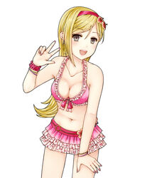  bad_id bad_pixiv_id bare_shoulders bikini bikini_top_only blonde_hair bracelet breasts cleavage female fujimoto_rina grey_eyes hairband highres idolmaster idolmaster_cinderella_girls jewelry long_hair medium_breasts midriff mizuki_miyu nail_polish navel open_mouth pink_bikini simple_background skirt smile solo swimsuit white_background 