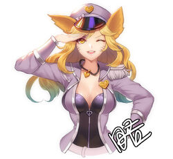  ;d ahri_(league_of_legends) alternate_costume alternate_hair_color animal_ears belt blonde_hair bow breasts cleavage commentary_request cosplay dakun facial_mark female fox_ears girls&#039;_generation gradient_hair hand_on_own_hip hand_up hat hat_bow heart heart_necklace jacket jewelry large_breasts league_of_legends long_hair multicolored_hair necklace one_eye_closed open_clothes open_jacket open_mouth peaked_cap photoshop_(medium) popstar_ahri salute signature simple_background slit_pupils smile solo uniform upper_body very_long_hair wavy_hair whisker_markings white_background yellow_eyes zipper 