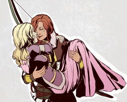  2girls aelinore_(dragon&#039;s_dogma) arisen_(dragon&#039;s_dogma) arms_around_neck blonde_hair carrying closed_eyes dragon&#039;s_dogma dragon&#039;s_dogma_(series) dress flauschtraut imminent_kiss long_dress long_hair multiple_girls princess_carry red_hair yuri 