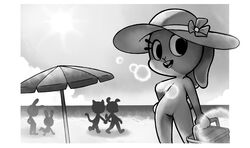  ambiguous_gender anthro beach bonita_(gaturo) buckteeth canid canine canis casual_nudity clothing conditional_dnp detailed_background domestic_cat domestic_dog eyelashes featureless_chest featureless_crotch felid feline felis female gaturo greyscale group hat headgear headwear hi_res lagomorph leporid looking_at_viewer mammal monochrome mostly_nude nude_beach open_mouth outside rabbit seaside silhouette solo_focus teeth tongue 