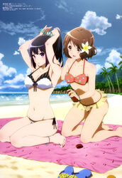  2girls absurdres anklet applying_sunscreen armpits arms_up barefoot bass_clef beach beamed_eighth_notes bikini black_hair bow bracelet breasts brown_hair cleavage cloud day eighth_note floral_print flower front-tie_top hair_flower hair_ornament hair_scrunchie hibike!_euphonium highres jewelry kneeling kousaka_reina lotion medium_breasts megami_magazine multiple_girls musical_note musical_note_print nagahama_ayaka navel official_art oumae_kumiko outdoors palm_tree ponytail print_bikini print_bow print_object print_towel quarter_note red_bikini sandals scrunchie side-tie_bikini_bottom sitting sixteenth_note sky small_breasts striped_clothes striped_scrunchie sunscreen swimsuit towel treble_clef tree tying_hair unworn_sandals wariza 