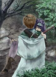  1boy black_gloves boots brown_footwear brown_hair carrying closed_eyes cyaca_ab dress female fingerless_gloves fire_emblem fire_emblem:_akatsuki_no_megami from_above from_behind gloves headband long_dress long_hair nintendo outdoors princess_carry purple_hair purple_legwear rain rhys tree wayu_(fire_emblem) white_dress 