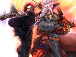  2boys arisen_(dragon&#039;s_dogma) armor beard belt blue_eyes braid cape commentary_request dagger dragon&#039;s_dogma dragon&#039;s_dogma_(series) dual_wielding facial_hair gauntlets greaves holding hpa_(foolish_factory) kicking knife manly mask moustache multiple_boys pawn_(dragon&#039;s_dogma) photoshop_(medium) rapier reverse_grip side_braid single_braid sword weapon white_hair 