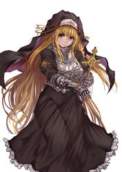  absurdres angelica_(brown_dust) armor blonde_hair brown_dust brown_eyes commentary_request cross dress female habit highres knight long_hair nun photoshop_(medium) solo yougenko 