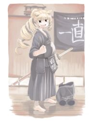  :d absurdres animal_ears barefoot blonde_hair blush bougu brown_eyes clenched_hand commentary_request drill_hair female from_side full_body hakama hakama_skirt hare_(tetterutei) highres holding holding_weapon indoors japanese_clothes kemono_friends kendo kendo_mask long_hair looking_at_viewer open_mouth sharp_teeth shinai short_eyebrows sidelocks skirt smile solo standing sword teeth weapon white_rhinoceros_(kemono_friends) wooden_floor 