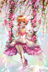  antenna_hair back_bow blonde_hair boots bow cardcaptor_sakura cherry_blossoms chinese_commentary choker closed_mouth collarbone commentary day dress female flower flower_swing full_body gloves green_eyes hair_ornament heavenlove highres holding holding_flower jewelry kinomoto_sakura layered_dress looking_at_viewer necklace outdoors photoshop_(medium) pink_flower pink_hair short_hair sidelocks sitting sleeveless sleeveless_dress smile solo swing transparent_bow white_dress white_footwear white_gloves 