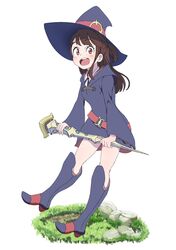  :d belt blue_dress blue_footwear blue_hat blunt_bangs blush boots brown_hair commentary_request dress faux_figurine female full_body grass half_updo hat highres holding holding_wand kagari_atsuko kei_(0497) knee_boots little_witch_academia long_hair long_sleeves looking_at_viewer open_mouth red_eyes rock round_teeth short_ponytail simple_background smile solo tareme teeth wand white_background wide_sleeves witch_hat 