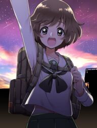  akiyama_yukari backpack bad_id bad_pixiv_id bag black_hair brown_eyes commentary_request female girls_und_panzer highres midriff naokado ooarai_school_uniform open_mouth school_uniform serafuku short_hair sky solo star_(sky) starry_sky waving 