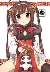  ahoge anchor_hair_ornament asymmetrical_legwear azur_lane black_legwear blush breasts brown_hair china_dress chinese_clothes commentary_request dress female fur-trimmed_jacket fur_trim hair_ornament hairband hand_on_own_stomach head_tilt highres jacket long_hair long_sleeves looking_at_viewer off_shoulder panda panties pelvic_curtain ping_hai_(azur_lane) puffy_long_sleeves puffy_sleeves red_dress red_eyes shitada side-tie_panties sidelocks single_thighhigh sitting small_breasts solo spoken_squiggle spread_legs squiggle thighhighs twintails underwear uneven_legwear very_long_hair white_background white_hairband white_jacket white_panties 