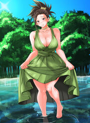  absurdres adahcm barefoot black_hair blush boku_no_hero_academia breasts choker commentary_request dress earrings feet female forest green_dress hair_ornament hair_pulled_back highres jewelry lake large_breasts nature outdoors photoshop_(medium) reflection reflective_water skirt_hold smile solo tree wading water yaoyorozu_momo 