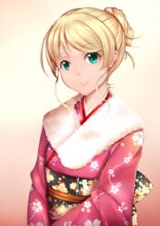  alternate_hairstyle aqua_eyes bad_id bad_pixiv_id beige_background blonde_hair cherry_blossoms chiyo_goya closed_mouth ellen_baker eyebrows female floral_print fur_collar furisode gradient_background highres japanese_clothes kimono long_hair long_sleeves looking_at_viewer new_horizon obi ponytail sash smile solo upper_body 