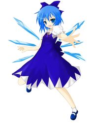  :d blue_bow blue_dress blue_eyes blue_footwear blue_hair blush bow cirno commentary_request dress female full_body hairbow ice ice_wings looking_at_viewer mary_janes open_hand open_mouth outstretched_arms partial_commentary puffy_short_sleeves puffy_sleeves shoes short_hair short_sleeves smile solo t_(dyuhuhudyukusi) touhou wings 