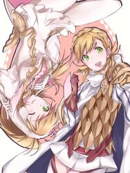  2girls ;q aiueo1234853 animal_ears armor bad_id bad_twitter_id blonde_hair braid brown_gloves commentary_request crown_braid dual_persona fake_animal_ears fire_emblem fire_emblem_heroes gloves green_eyes highres long_hair long_sleeves multiple_girls one_eye_closed open_mouth rabbit_ears scale_armor sharena_(fire_emblem) skirt tongue tongue_out upside-down white_gloves white_legwear 