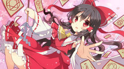  ascot black_hair blush bow commentary_request detached_sleeves dress female gohei hair_tubes hairbow hakurei_reimu long_sleeves looking_at_viewer oonusa open_mouth red_bow red_dress red_eyes shiroi_hakuto solo spell_card touhou wide_sleeves 